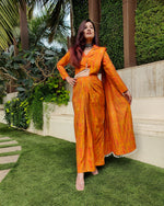 Load image into Gallery viewer, MUSTARD TIEDYE PRINTED SHELLED SKIRT SAREE WITH ATTACHED FRONT PALLU AND SHIRT BLOUSE
