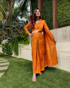 MUSTARD TIEDYE PRINTED SHELLED SKIRT SAREE WITH ATTACHED FRONT PALLU AND SHIRT BLOUSE