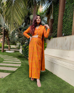 Load image into Gallery viewer, MUSTARD TIEDYE PRINTED SHELLED SKIRT SAREE WITH ATTACHED FRONT PALLU AND SHIRT BLOUSE
