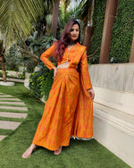 Load image into Gallery viewer, MUSTARD TIEDYE PRINTED SHELLED SKIRT SAREE WITH ATTACHED FRONT PALLU AND SHIRT BLOUSE
