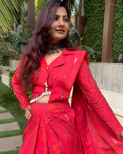 RED TIEDYE PRINTED SHELLED SKIRT SAREE WITH ATTACHED FRONT PALLU AND SHIRT BLOUSE