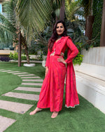 Load image into Gallery viewer, RED TIEDYE PRINTED SHELLED SKIRT SAREE WITH ATTACHED FRONT PALLU AND SHIRT BLOUSE
