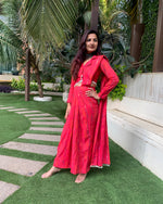 Load image into Gallery viewer, RED TIEDYE PRINTED SHELLED SKIRT SAREE WITH ATTACHED FRONT PALLU AND SHIRT BLOUSE

