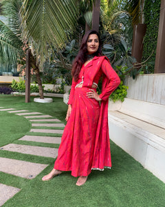 RED TIEDYE PRINTED SHELLED SKIRT SAREE WITH ATTACHED FRONT PALLU AND SHIRT BLOUSE