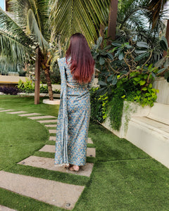 TURQBLUE FLORAL PRINTED SHELLED SKIRT SAREE WITH ATTACHED FRONT PALLU AND SHIRT BLOUSE