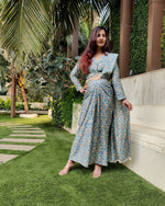 Load image into Gallery viewer, TURQBLUE FLORAL PRINTED SHELLED SKIRT SAREE WITH ATTACHED FRONT PALLU AND SHIRT BLOUSE
