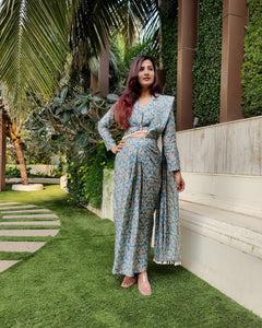 TURQBLUE FLORAL PRINTED SHELLED SKIRT SAREE WITH ATTACHED FRONT PALLU AND SHIRT BLOUSE