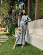 Load image into Gallery viewer, TURQBLUE FLORAL PRINTED SHELLED SKIRT SAREE WITH ATTACHED FRONT PALLU AND SHIRT BLOUSE

