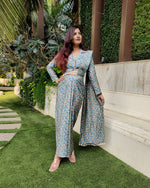 Load image into Gallery viewer, TURQBLUE FLORAL PRINTED SHELLED SKIRT SAREE WITH ATTACHED FRONT PALLU AND SHIRT BLOUSE
