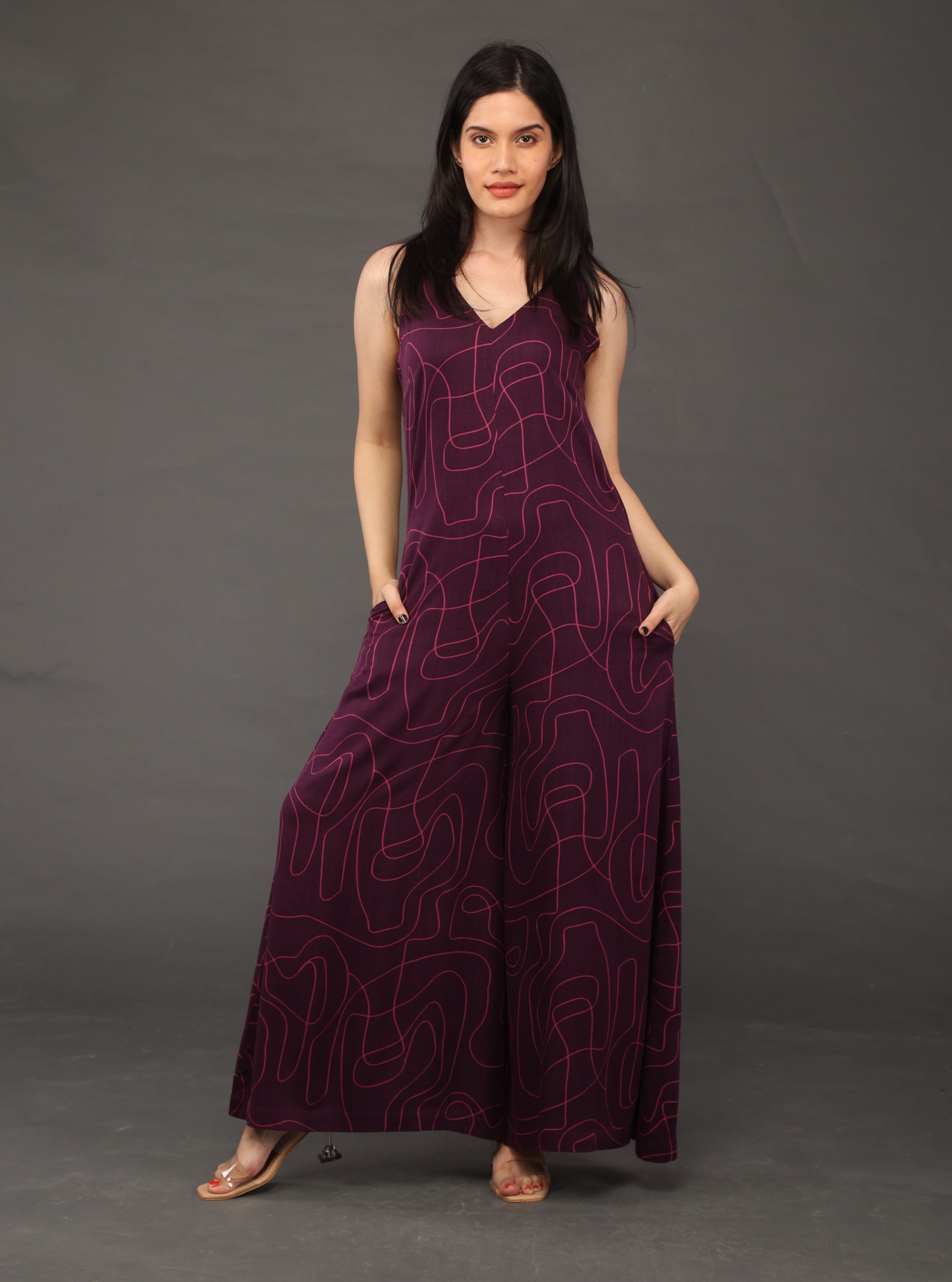 PURPLE WAVE PRINT FLARED JUMPSUIT