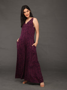 PURPLE WAVE PRINT FLARED JUMPSUIT