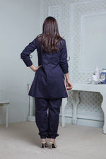 Load image into Gallery viewer, NAVY LONG BLAZER WITH CONTRAST PIPING, SIDE POCKET PANT &amp; BUSTIER
