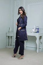 Load image into Gallery viewer, NAVY LONG BLAZER WITH CONTRAST PIPING, SIDE POCKET PANT &amp; BUSTIER
