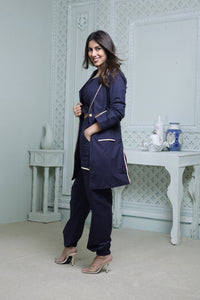 NAVY LONG BLAZER WITH CONTRAST PIPING, SIDE POCKET PANT & BUSTIER