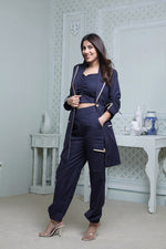Load image into Gallery viewer, NAVY LONG BLAZER WITH CONTRAST PIPING, SIDE POCKET PANT &amp; BUSTIER
