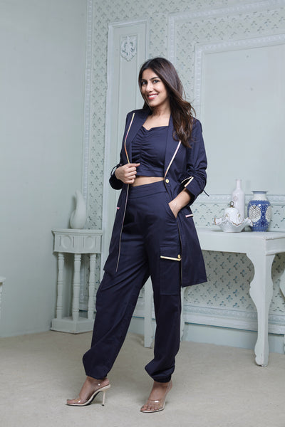 NAVY LONG BLAZER WITH CONTRAST PIPING, SIDE POCKET PANT & BUSTIER