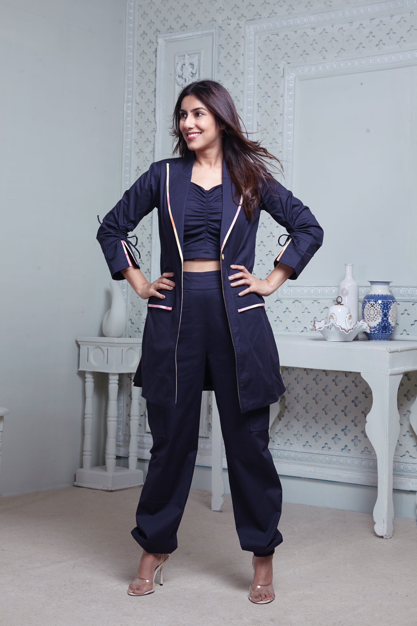 NAVY LONG BLAZER WITH CONTRAST PIPING, SIDE POCKET PANT & BUSTIER