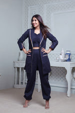 Load image into Gallery viewer, NAVY LONG BLAZER WITH CONTRAST PIPING, SIDE POCKET PANT &amp; BUSTIER
