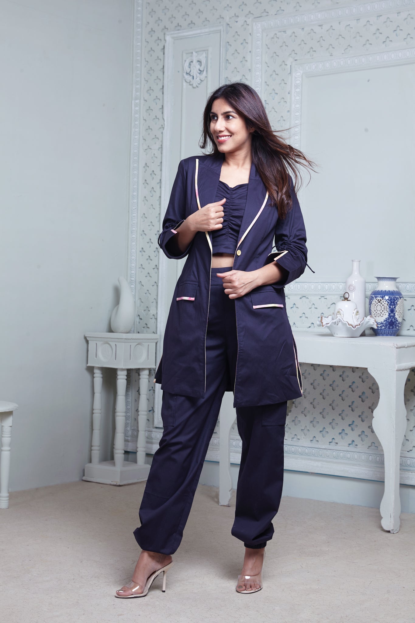NAVY LONG BLAZER WITH CONTRAST PIPING, SIDE POCKET PANT & BUSTIER