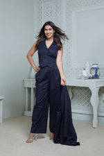 Load image into Gallery viewer, #FLARE IT - NAVY BELL-BOTTOM PANTS WITH HALTER VEST COAT AND LONG BLAZER
