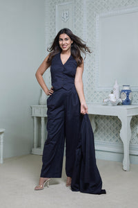 #FLARE IT - NAVY BELL-BOTTOM PANTS WITH HALTER VEST COAT AND LONG BLAZER