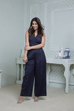 Load image into Gallery viewer, #FLARE IT - NAVY BELL-BOTTOM PANTS WITH HALTER VEST COAT AND LONG BLAZER
