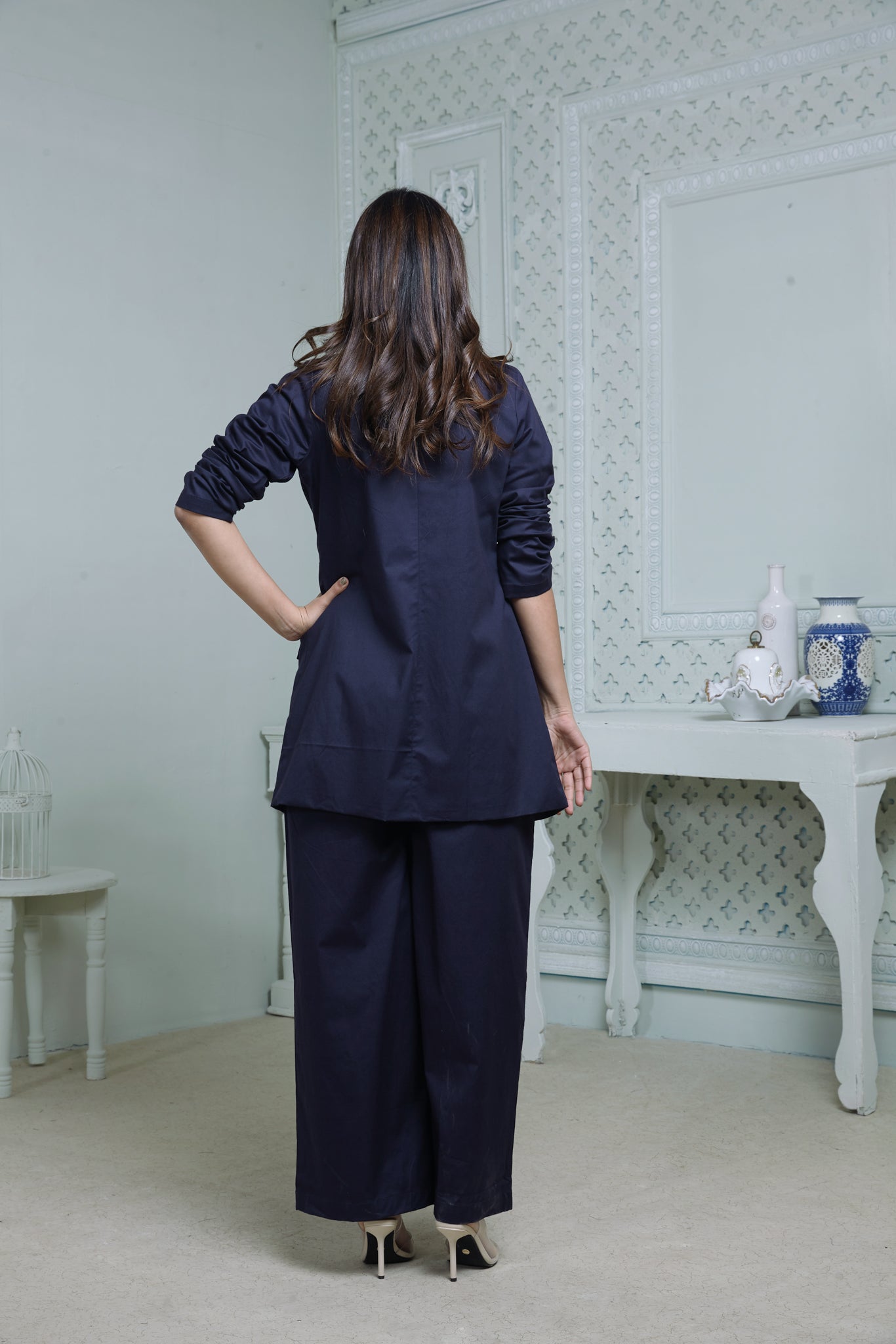 #FLARE IT - NAVY BELL-BOTTOM PANTS WITH HALTER VEST COAT AND LONG BLAZER