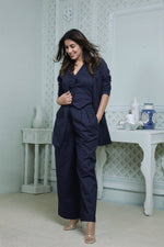 Load image into Gallery viewer, #FLARE IT - NAVY BELL-BOTTOM PANTS WITH HALTER VEST COAT AND LONG BLAZER
