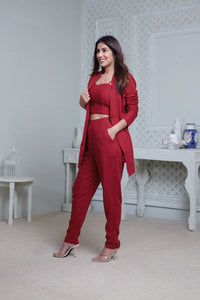 RED LONG JACKET WITH FITTED PANT & SWEETHEART NECKLINE BUSTIER