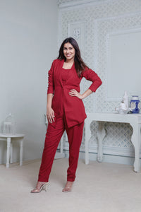 RED LONG JACKET WITH FITTED PANT & SWEETHEART NECKLINE BUSTIER