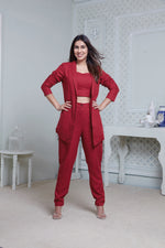 Load image into Gallery viewer, RED LONG JACKET WITH FITTED PANT &amp; SWEETHEART NECKLINE BUSTIER
