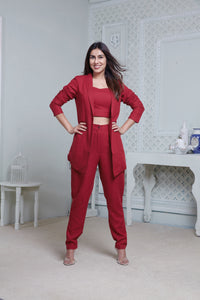 RED LONG JACKET WITH FITTED PANT & SWEETHEART NECKLINE BUSTIER