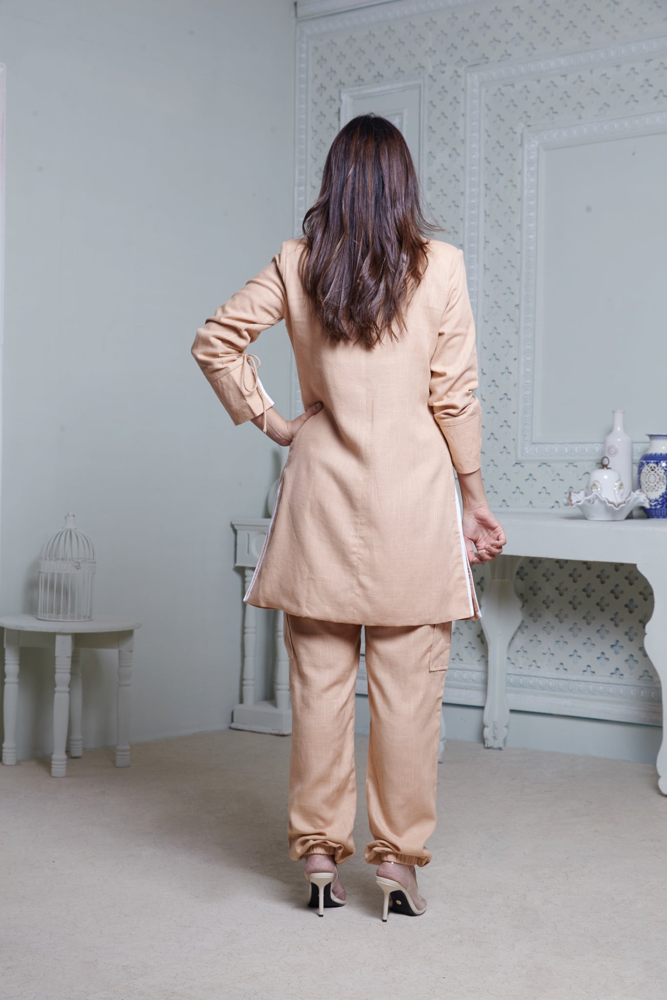 PEACH LONG BLAZER WITH CONTRAST PIPING, SIDE POCKET PANT & BUSTIER
