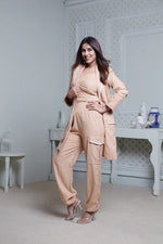 Load image into Gallery viewer, PEACH LONG BLAZER WITH CONTRAST PIPING, SIDE POCKET PANT &amp; BUSTIER
