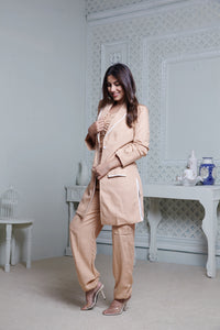 PEACH LONG BLAZER WITH CONTRAST PIPING, SIDE POCKET PANT & BUSTIER