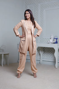 PEACH LONG BLAZER WITH CONTRAST PIPING, SIDE POCKET PANT & BUSTIER