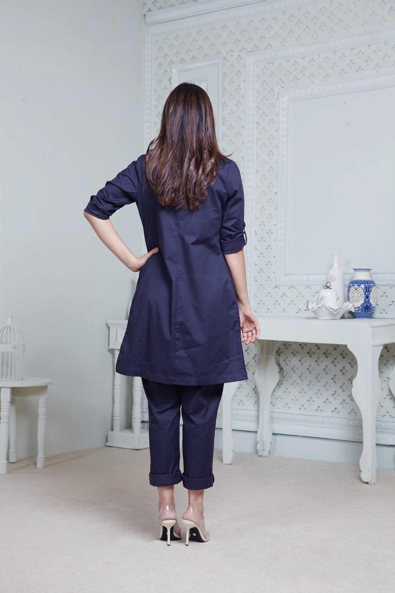 NAVY BLUE LONG JACKET WITH FITTED PANT & SWEETHEART NECKLINE BUSTIER