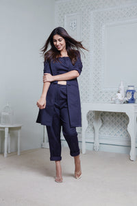 NAVY LONG JACKET WITH CROPPED PANT & SPAGHETTI INNER