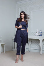 Load image into Gallery viewer, NAVY LONG JACKET WITH CROPPED PANT &amp; SPAGHETTI INNER
