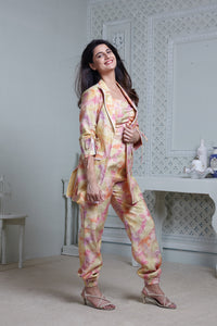 COLOUR SPLASHED LONG BLAZER WITH CONTRAST PIPING, SIDE POCKET PANT & BUSTIER