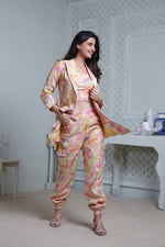Load image into Gallery viewer, COLOUR SPLASHED LONG BLAZER WITH CONTRAST PIPING, SIDE POCKET PANT &amp; BUSTIER
