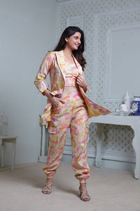 COLOUR SPLASHED LONG BLAZER WITH CONTRAST PIPING, SIDE POCKET PANT & BUSTIER