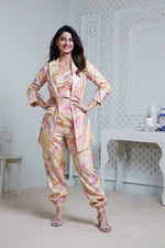 Load image into Gallery viewer, COLOUR SPLASHED LONG BLAZER WITH CONTRAST PIPING, SIDE POCKET PANT &amp; BUSTIER

