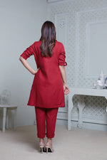Load image into Gallery viewer, RED LONG JACKET WITH CROPPED PANT &amp; SPAGHETTI INNER
