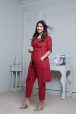 Load image into Gallery viewer, RED LONG JACKET WITH CROPPED PANT &amp; SPAGHETTI INNER
