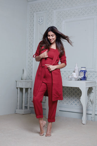 RED LONG JACKET WITH CROPPED PANT & SPAGHETTI INNER