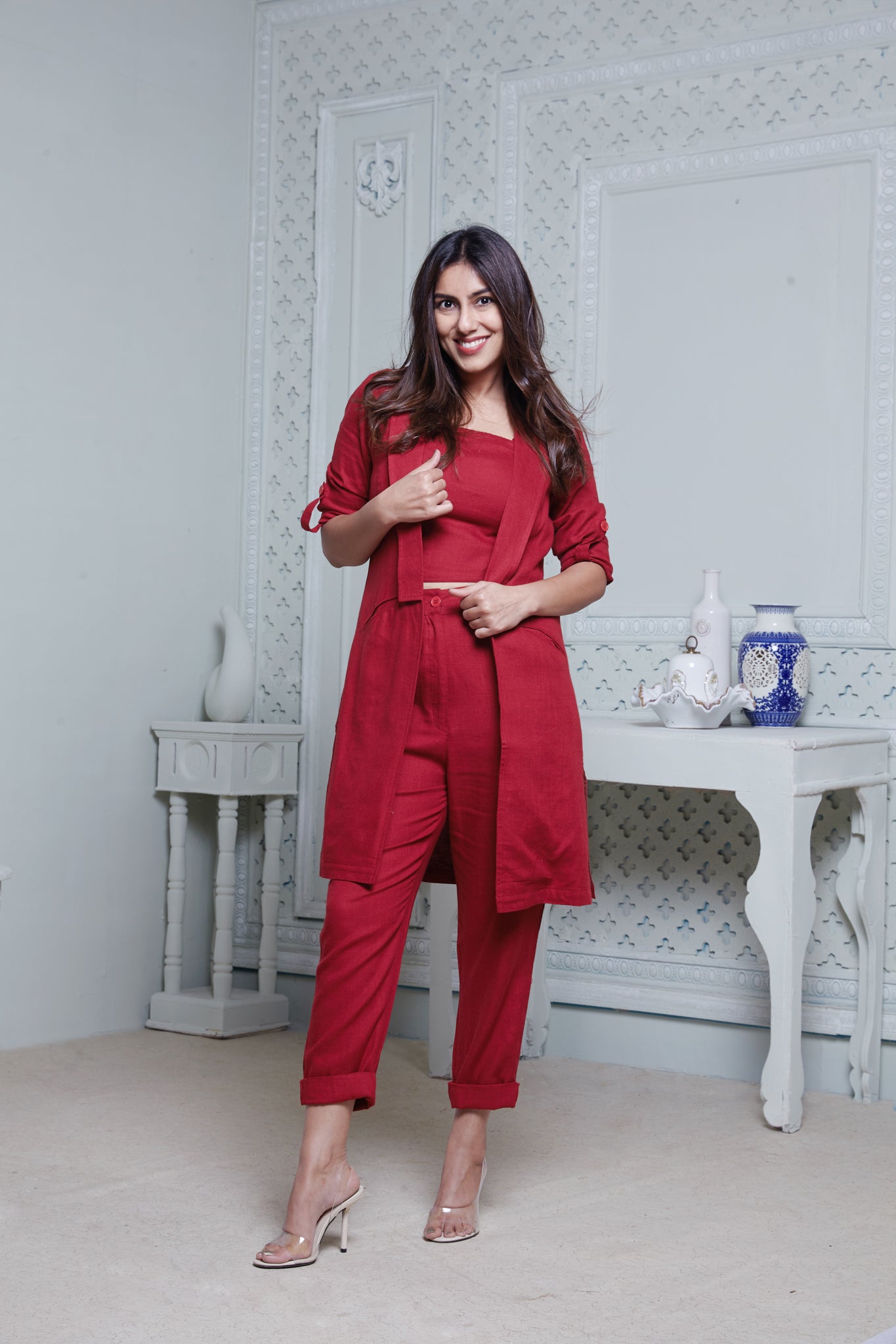 RED LONG JACKET WITH CROPPED PANT & SPAGHETTI INNER