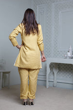Load image into Gallery viewer, LEMON YELLOW LONG BLAZER WITH CONTRAST PIPING, SIDE POCKET PANT &amp; BUSTIER
