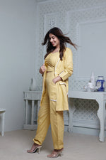 Load image into Gallery viewer, LEMON YELLOW LONG BLAZER WITH CONTRAST PIPING, SIDE POCKET PANT &amp; BUSTIER

