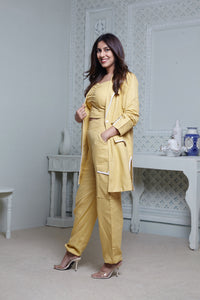 LEMON YELLOW LONG BLAZER WITH CONTRAST PIPING, SIDE POCKET PANT & BUSTIER